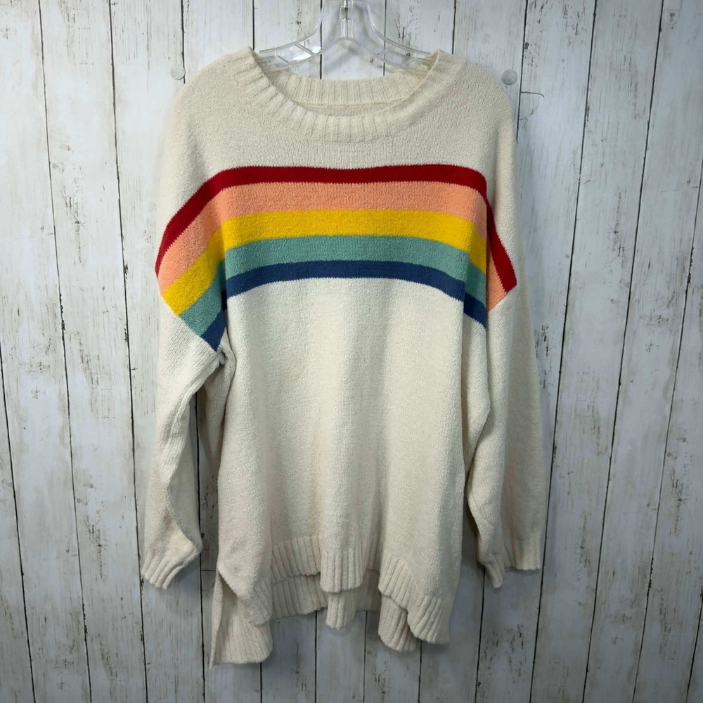 American Eagle Women's Rainbow Stripe Sweater Cream Retro Cozy Pullover Size M